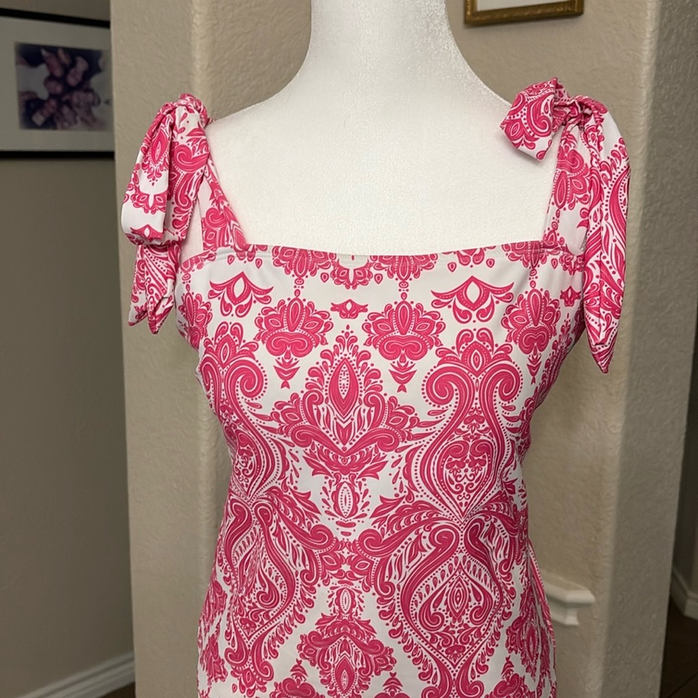 Shein pink tropische print ties on shoulder one piece swimsuit Size L - Picture 9 of 17